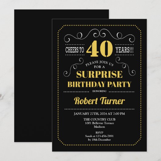 Verrassing 40e verjaardag - Zwart Goud Kaart (Voorkant / Achterkant)