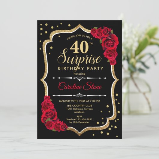 Verrassing 40e verjaardag - Zwart Goud Rood Uitnod Kaart (Staand voorkant)