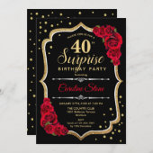 Verrassing 40e verjaardag - Zwart Goud Rood Uitnod Kaart (Voorkant / Achterkant)
