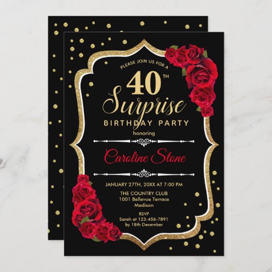 Verrassing 40e verjaardag - Zwart Goud Rood Uitnod Kaart (Voorkant / Achterkant)