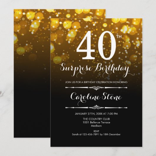 Verrassing 40e verjaardag - Zwart Goud Wit Kaart (Voorkant / Achterkant)