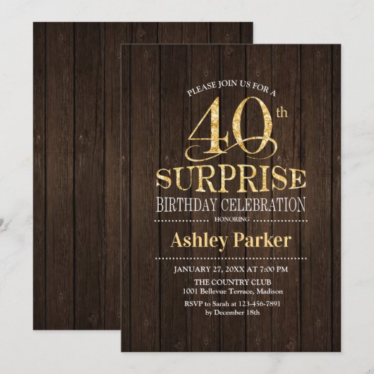Verrassing 40e Verjaardagsfeest - Goud Hout Kaart (Voorkant / Achterkant)