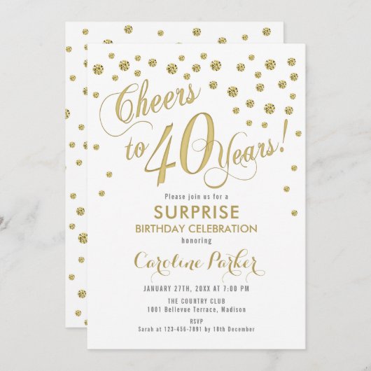 Verrassing 40e Verjaardagsfeest - Goud Wit Kaart (Voorkant / Achterkant)