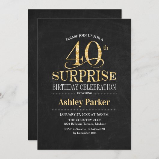Verrassing 40e Verjaardagsfeest - Goud Zwart Kaart (Voorkant / Achterkant)