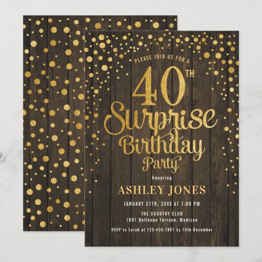 Verrassing 40e Verjaardagsfeest - Hout & Goud Kaart (Voorkant / Achterkant)