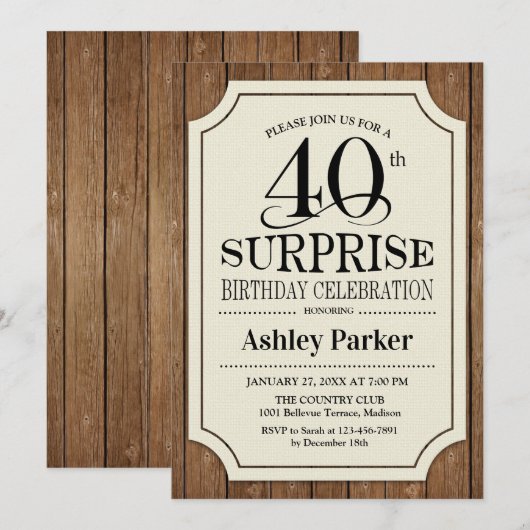 Verrassing 40e Verjaardagsfeest - Houten Patroon Kaart (Voorkant / Achterkant)