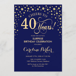 Verrassing 40e Verjaardagsfeest - Navy Blue Gold Kaart