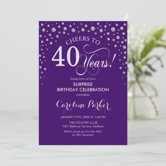 Verrassing 40e Verjaardagsfeest - Paarse Zilver Kaart (Staand voorkant)