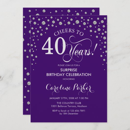 Verrassing 40e Verjaardagsfeest - Paarse Zilver Kaart (Voorkant / Achterkant)