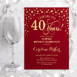 Verrassing 40e Verjaardagsfeest - Rood Goud Kaart<br><div class="desc">Verrassing 40e verjaardag feestuitnodiging. Elegant design in donkerrood en faux glitter goud. Beschikt over scriptlettertype en diamanten confetti. Proost op 40 jaar! Stuur me een bericht als je verder moet worden aangepast.</div>