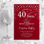 Verrassing 40e Verjaardagsfeest - Rood Zilver Kaart<br><div class="desc">Verrassing 40e verjaardag feestuitnodiging. Elegant design in donkerrood en faux glitter zilver. Beschikt over scriptlettertype en diamanten confetti. Proost op 40 jaar! Stuur me een bericht als je verder moet worden aangepast.</div>