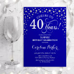 Verrassing 40e Verjaardagsfeest - Royal Blue Silve Kaart<br><div class="desc">Verrassing 40e verjaardag feestuitnodiging. Elegant design in koningsblauw en faux glitter zilver. Beschikt over scriptlettertype en diamanten confetti. Proost op 40 jaar! Stuur me een bericht als je verder moet worden aangepast.</div>