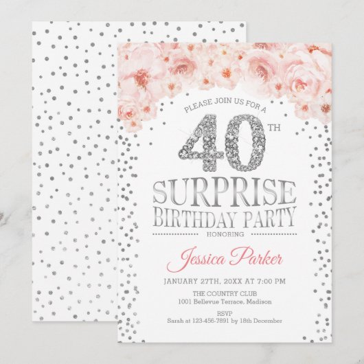 Verrassing 40e Verjaardagsfeest - Wit Zilver Roze Kaart (Voorkant / Achterkant)