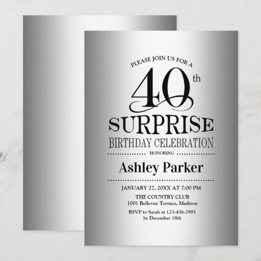 Verrassing 40e Verjaardagsfeest - Zilver Kaart (Voorkant / Achterkant)