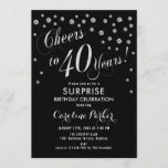 Verrassing 40e Verjaardagsfeest - Zilver Zwart Kaart<br><div class="desc">Verras 40e Verjaardagsfeestuitnodiging Elegant ontwerp met faux glitter zilver en zwart. Beschikt over scriptlettertype en confetti. Proost op 40 jaar! Stuur me een bericht als je een aangepaste leeftijd nodig hebt.</div>