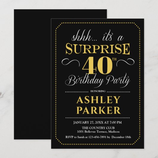 Verrassing 40e Verjaardagsfeest - Zwart Goud Kaart (Voorkant / Achterkant)