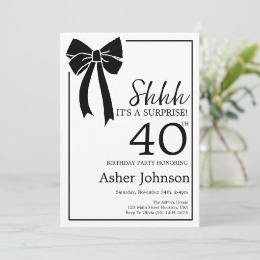 Verrassing 40e Verjaardagsfeestje Black Bow Coquet Kaart (Staand voorkant)