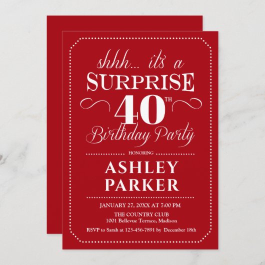 Verrassing 40e verjaardagsfeestje - rood wit kaart (Voorkant / Achterkant)