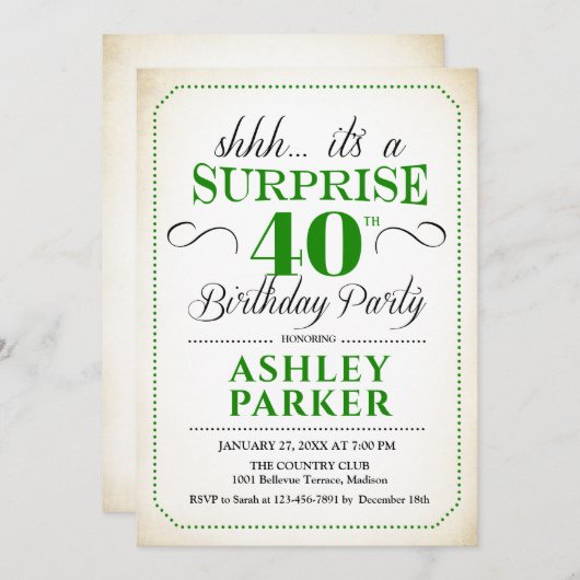 Verrassing 40e verjaardagsfeestje - Wit Groen Kaart (Voorkant / Achterkant)