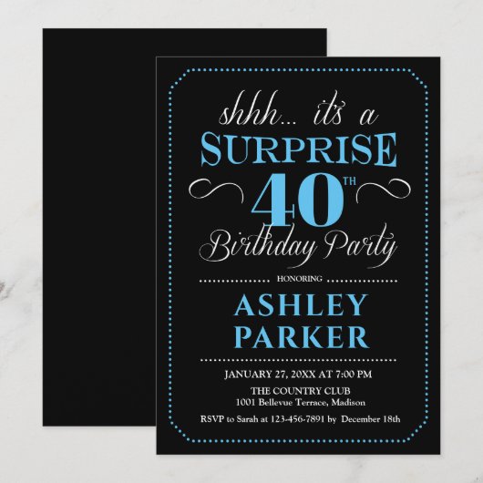 Verrassing 40e verjaardagsfeestje - Zwart Blauw Kaart (Voorkant / Achterkant)
