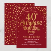 Verrassing 40ste Verjaardagsfeest - Rood & Goud Kaart (Voorkant / Achterkant)