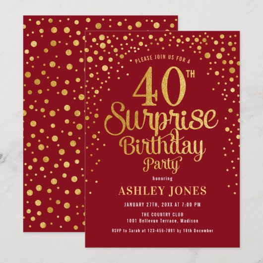Verrassing 40ste Verjaardagsfeest - Rood & Goud Kaart (Voorkant / Achterkant)
