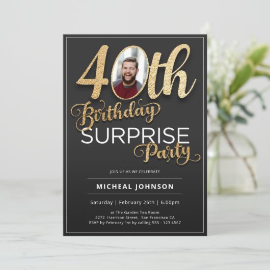 Verrassing 40th Verjaardag Goud Zwart Aangepaste F Kaart (Staand voorkant)