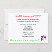 Verrassing 50e Verjaardag Ballonnen Feestuitnodigi Kaart (Achterkant)