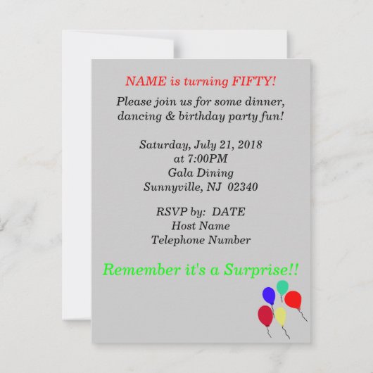 Verrassing 50e verjaardag ballonnen uitnodigingen (Achterkant)