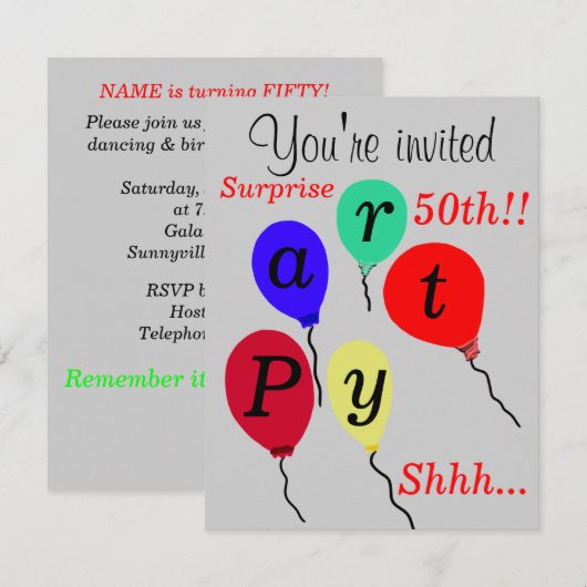 Verrassing 50e verjaardag ballonnen uitnodigingen (Voorkant / Achterkant)
