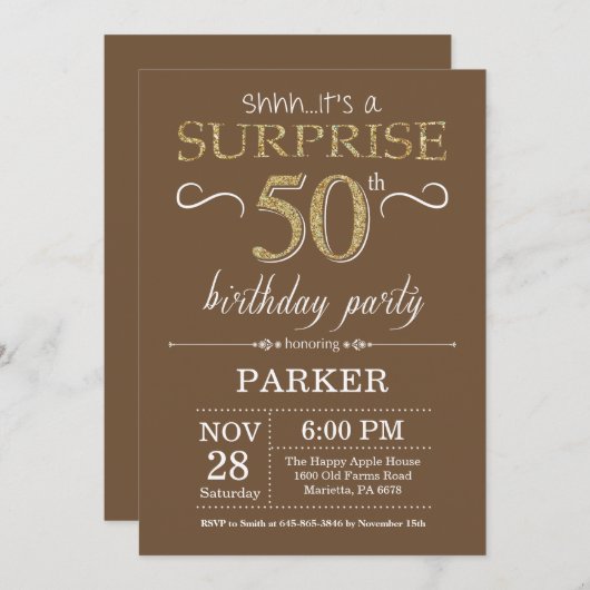 Verrassing 50e verjaardag Bruin en Goud Glitter Kaart (Voorkant / Achterkant)