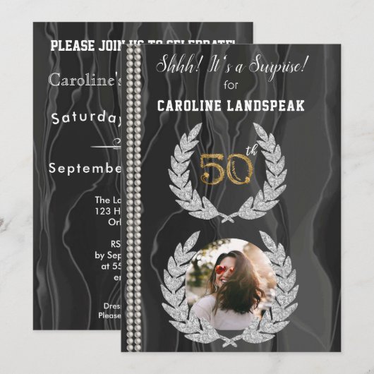 Verrassing 50e verjaardag foto, goud, parels & zij kaart (Voorkant / Achterkant)
