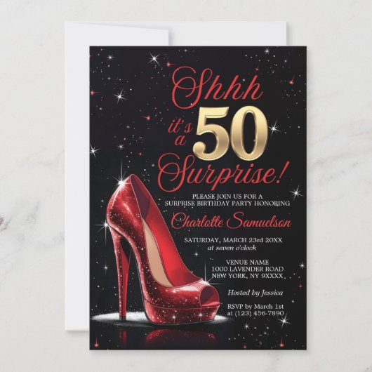 Verrassing 50e VERJAARDAG Goud Rood Hoge Hakken Vi Kaart (Voorkant)