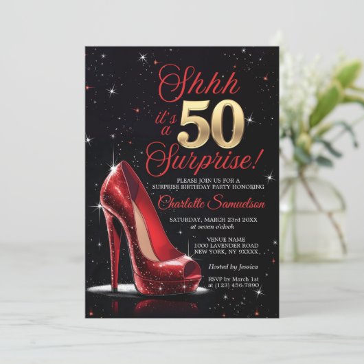 Verrassing 50e VERJAARDAG Goud Rood Hoge Hakken Vi Kaart (Staand voorkant)