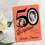 Verrassing 50e verjaardag heldere sinaasappel zwar kaart<br><div class="desc">Rendy gewaagde typografie 50ste vrouwelijke verjaardagsuitnodiging met 2 foto's en modern retro stijlscript. Eenvoudig aan te passen met jouw tekst en afbeeldingen.     digitale download beschikbaar, </div>