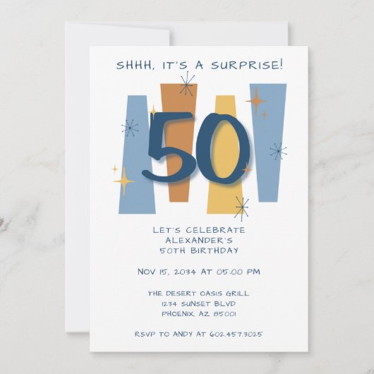 Verrassing 50e verjaardag Retro Midcentury Blauw Kaart (Voorkant)
