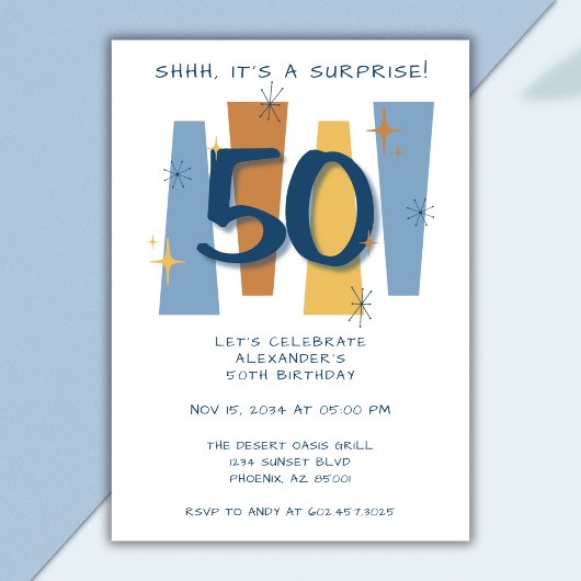Verrassing 50e verjaardag Retro Midcentury Blauw Kaart