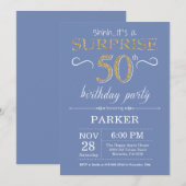 Verrassing 50e verjaardag uitnodiging blauw en gou (Voorkant / Achterkant)