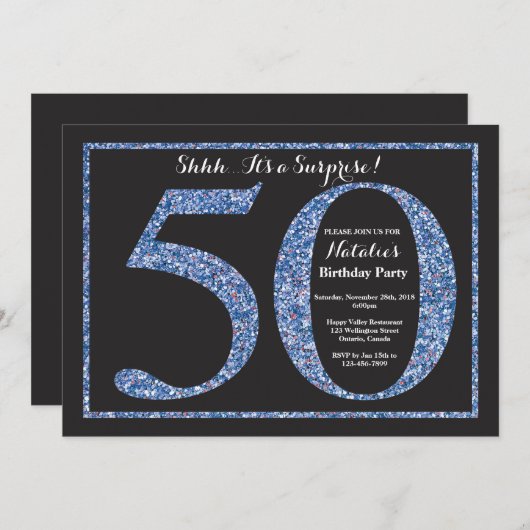Verrassing 50e verjaardag uitnodiging Blue Glitter (Voorkant / Achterkant)