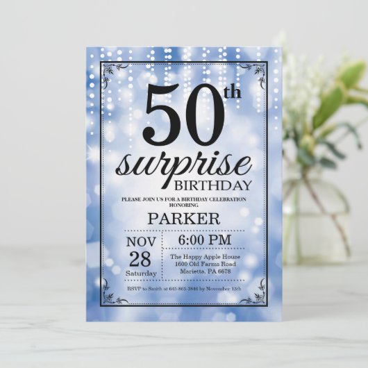 Verrassing 50e verjaardag uitnodiging Blue Glitter (Staand voorkant)