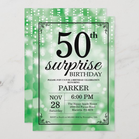 Verrassing 50e verjaardag uitnodiging Green Glitte (Voorkant / Achterkant)