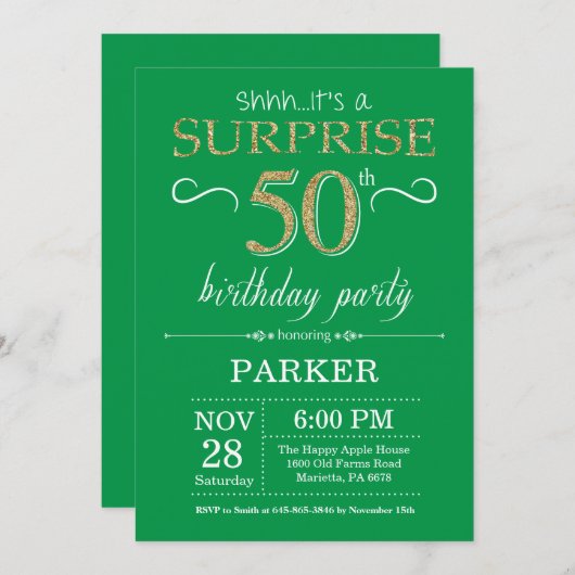 Verrassing 50e verjaardag uitnodiging groen en gou (Voorkant / Achterkant)