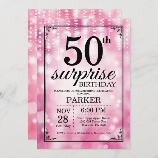 Verrassing 50e verjaardag uitnodiging Roze Glitter (Voorkant / Achterkant)