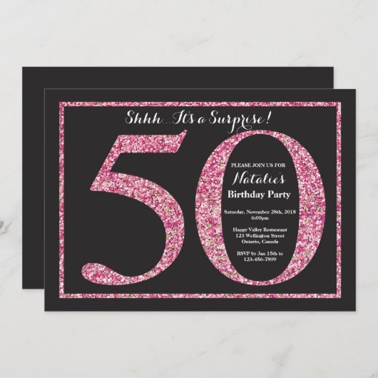 Verrassing 50e verjaardag uitnodiging Roze Glitter (Voorkant / Achterkant)