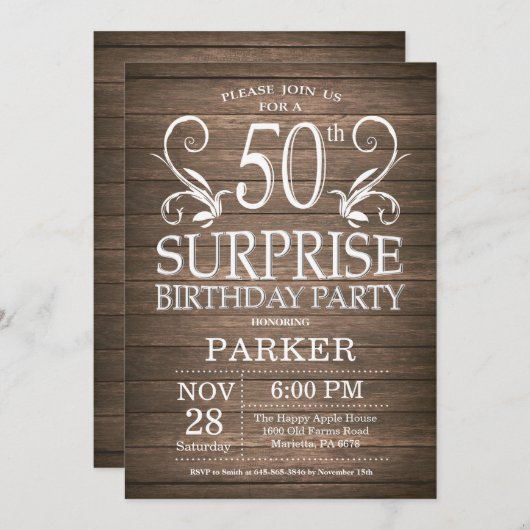 Verrassing 50e verjaardag uitnodiging rustiek hout (Voorkant / Achterkant)