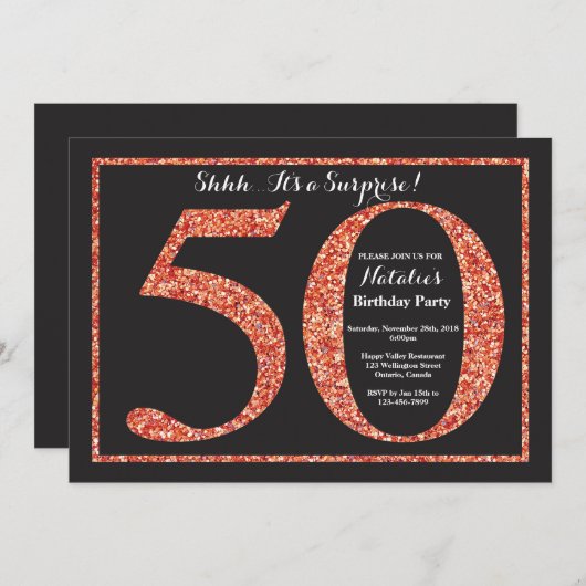 Verrassing 50e verjaardag uitnodiging Sinaasappel (Voorkant / Achterkant)