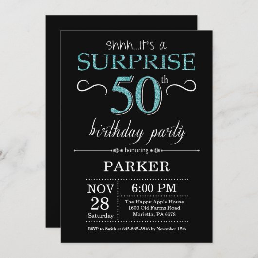 Verrassing 50e verjaardag uitnodiging zwart en Bla (Voorkant / Achterkant)