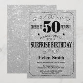 Verrassing 50e verjaardag zwart en zilver glitter kaart (Voorkant / Achterkant)