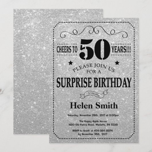 Verrassing 50e verjaardag zwart en zilver glitter kaart (Voorkant / Achterkant)