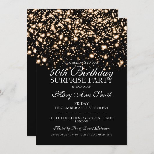 Verrassing 50e verjaardagsfeest Gold Midnight Glam Kaart (Voorkant / Achterkant)